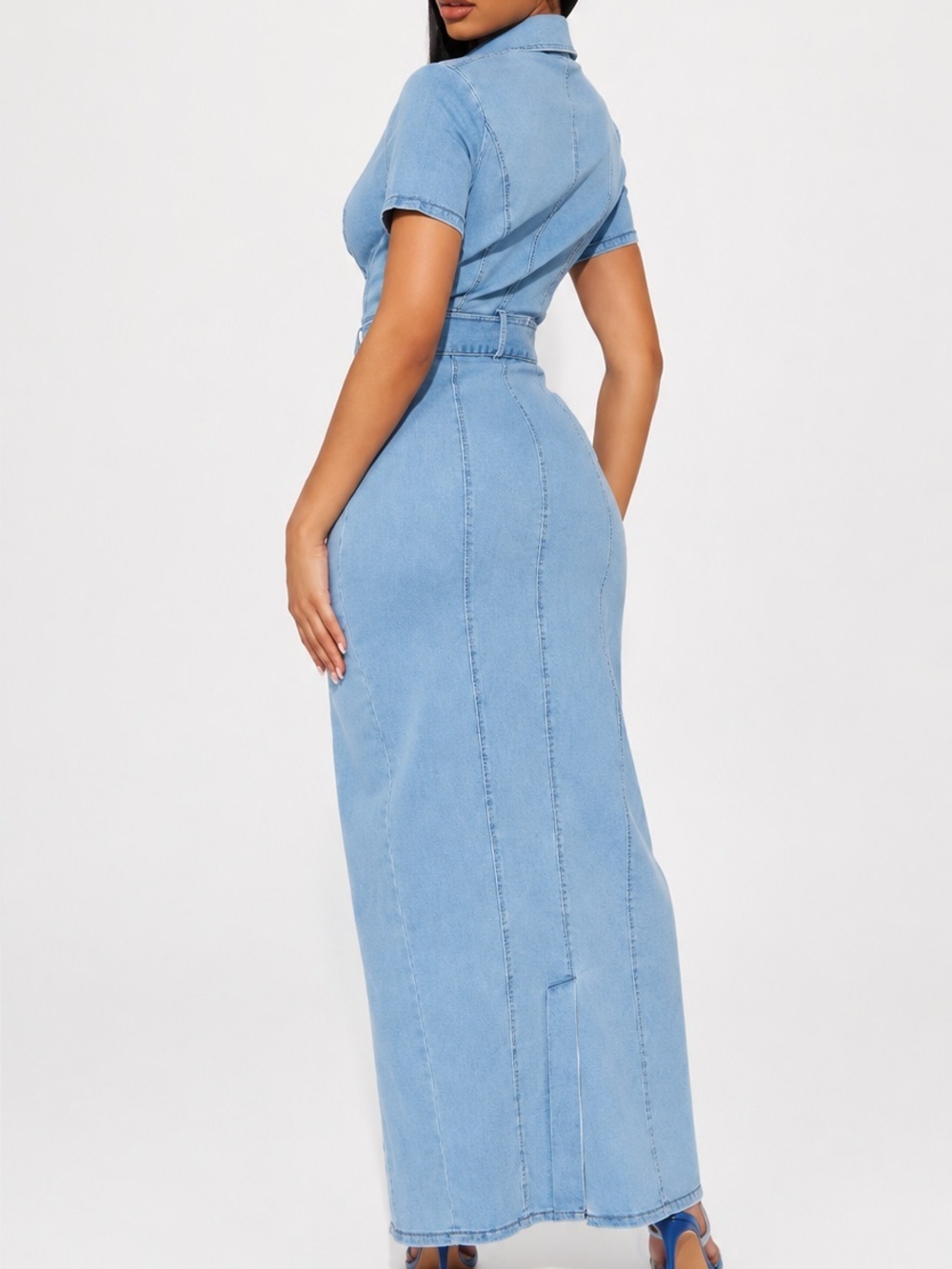 FASHION NOVA Washed Denim Vintage Inspired Fitted Maxi Dress Tie Waist Slit Sz S